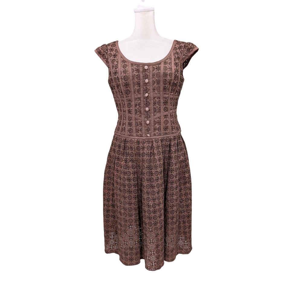 Kay Unger Brown Eyelet Lace Fit Flare Dress Cap Sleeves Coquette Cottagecore 8